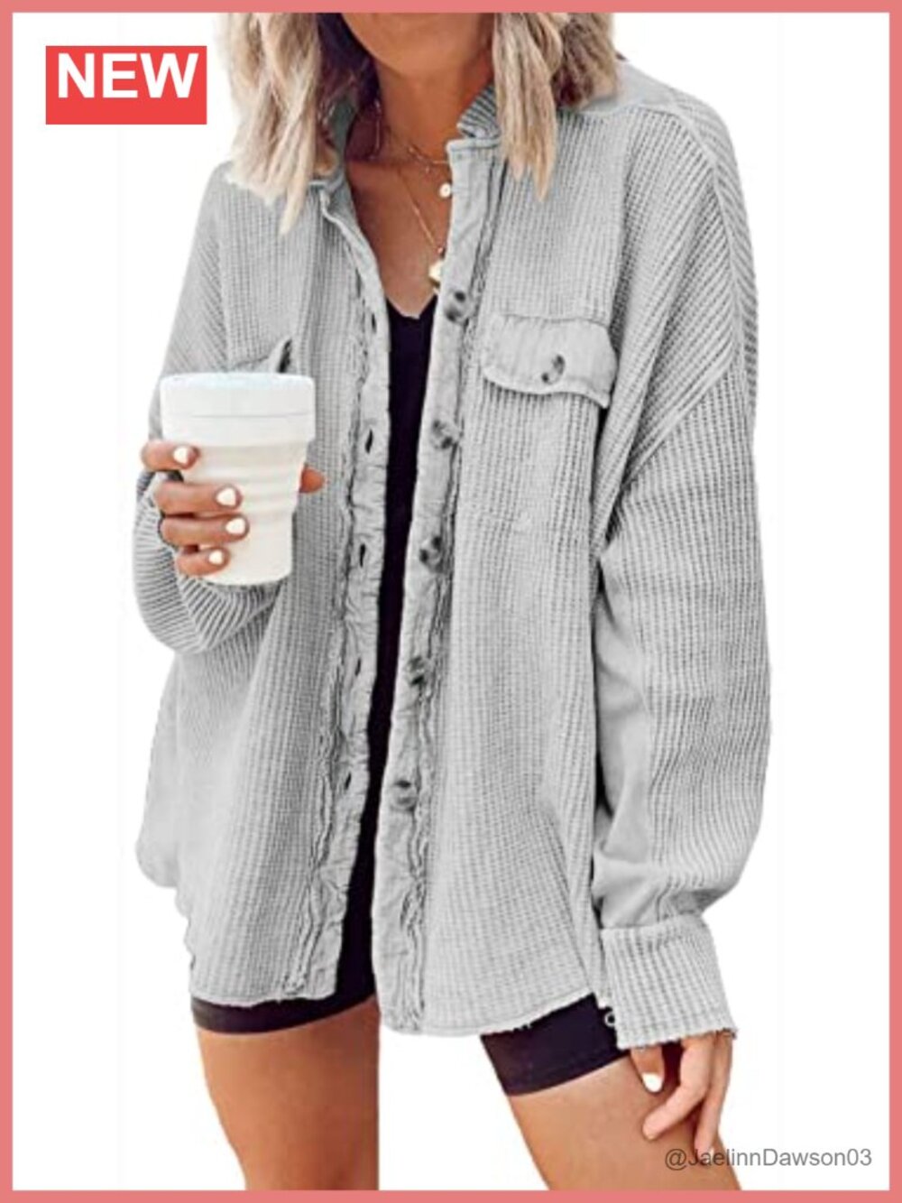 Oversized Waffle Knit Shacket Button Down Long Sleeve Tunic Shirt